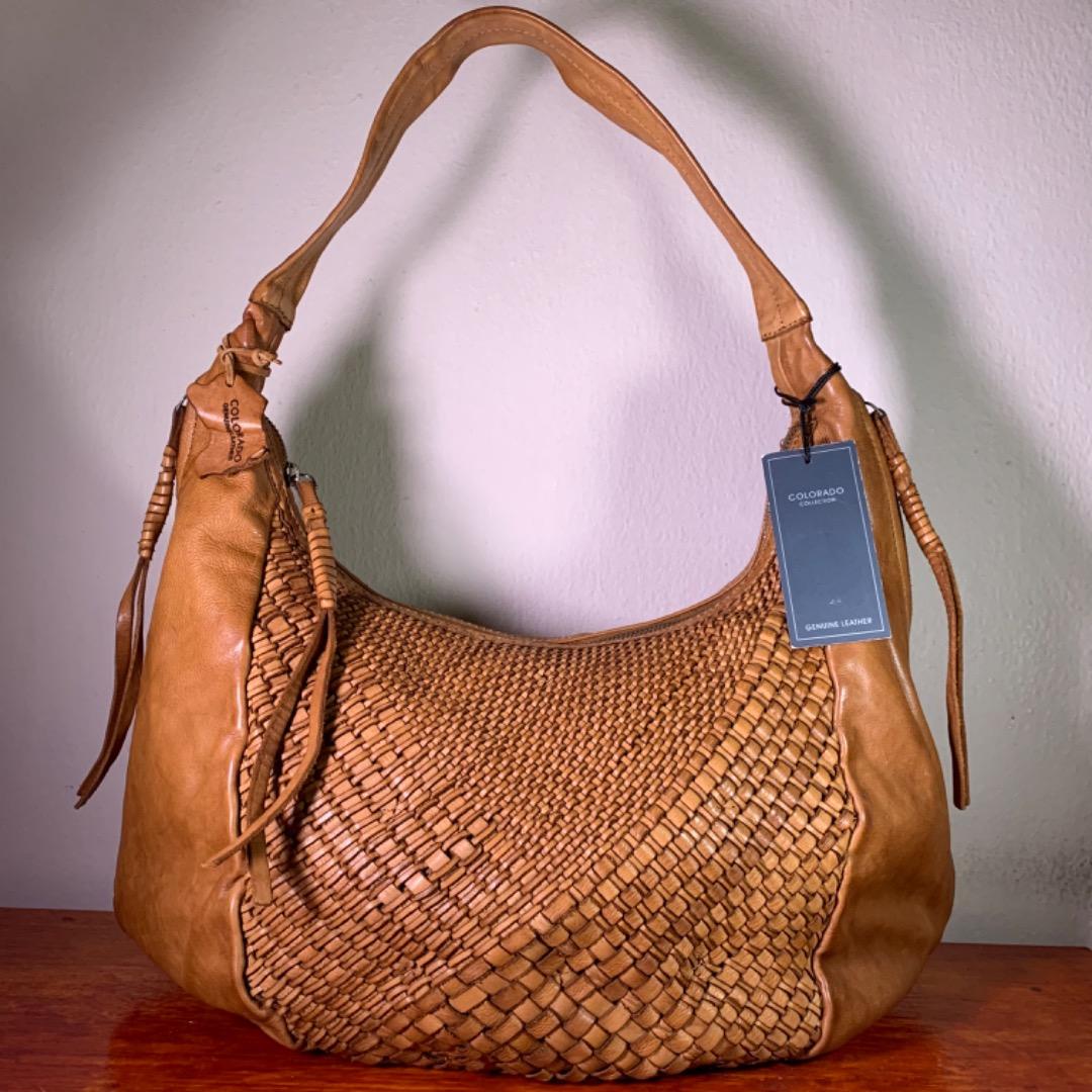 Brand New Colorado Multi Weave Hobo 100 Genuine Leather Bag in Tan