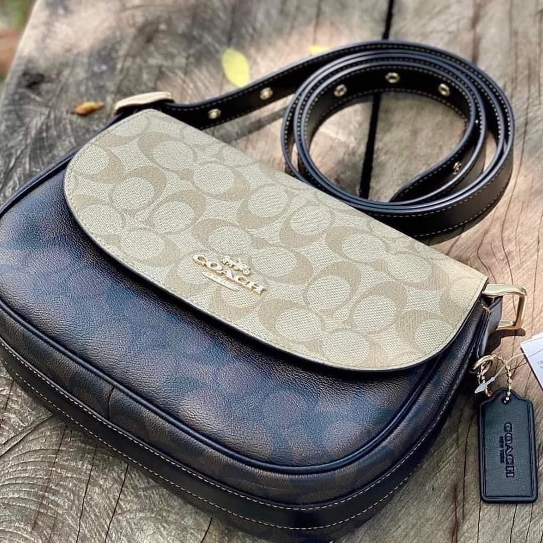 Coach Macie Saddle Bag in Blocked Signature Canvas, Women's Fashion
