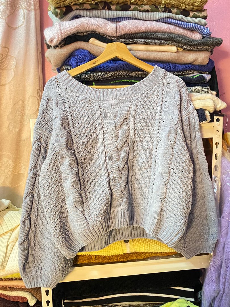 Dusty blue knitwear velvet tangan belon 