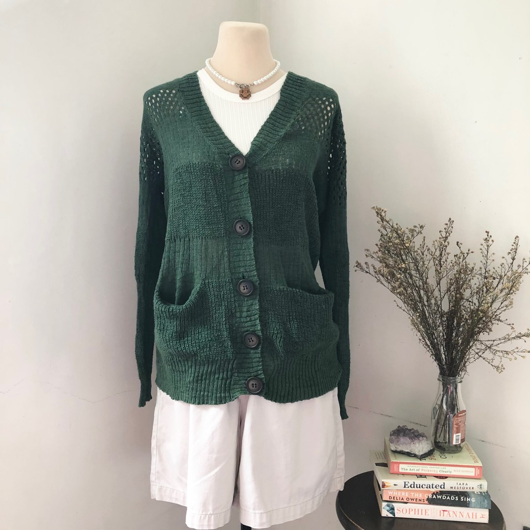 forest green knit cardigan, Women's Fashion, Tops, Others Tops on Carousell
