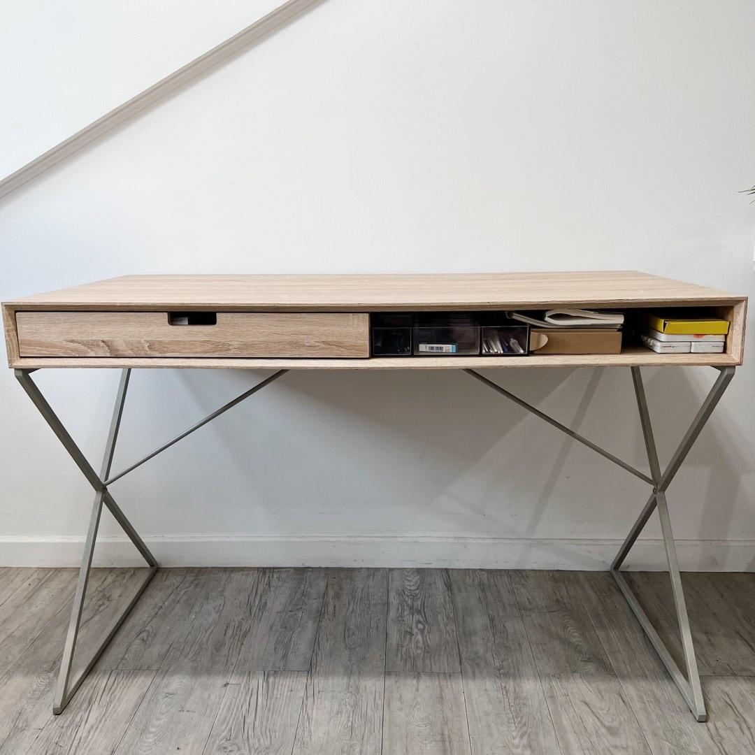 Light Wood Finish MDF Study Work Table Desk with Drawers and Metal Legs