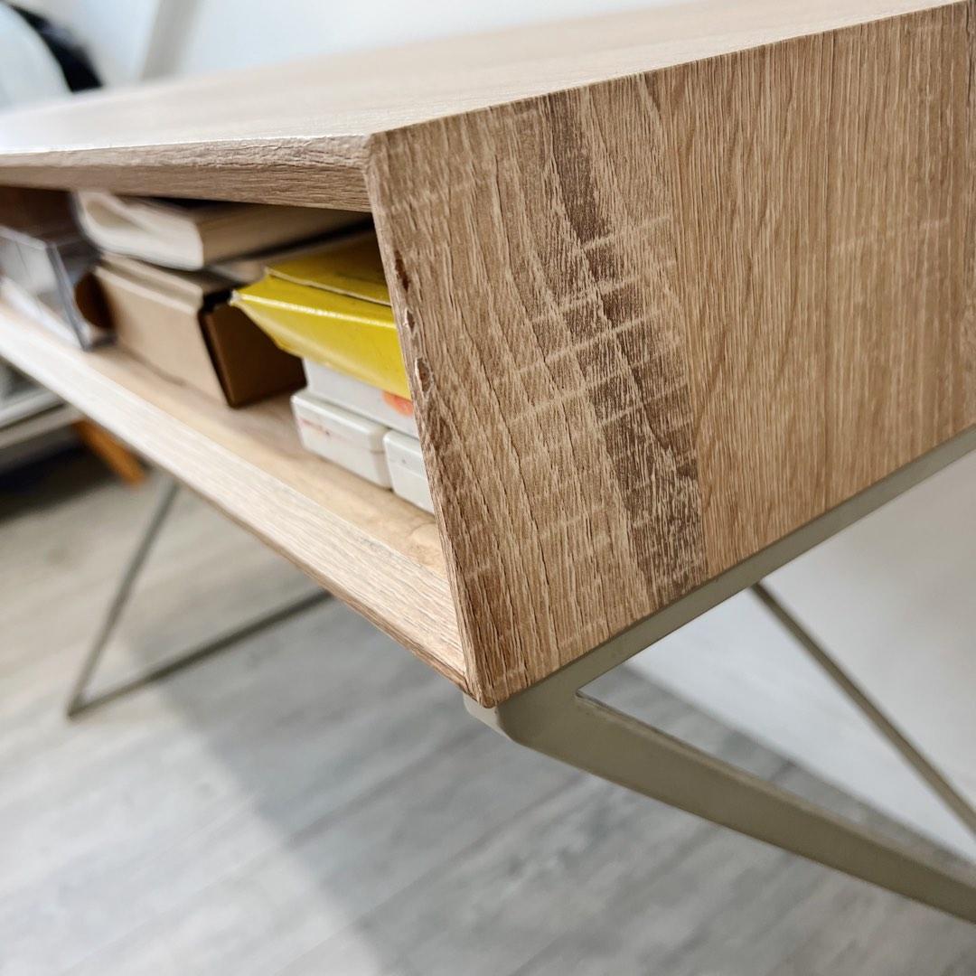 Light Wood Finish MDF Study Work Table Desk with Drawers and Metal Legs