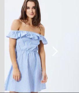 Off the shoulder blue and white stripe dress