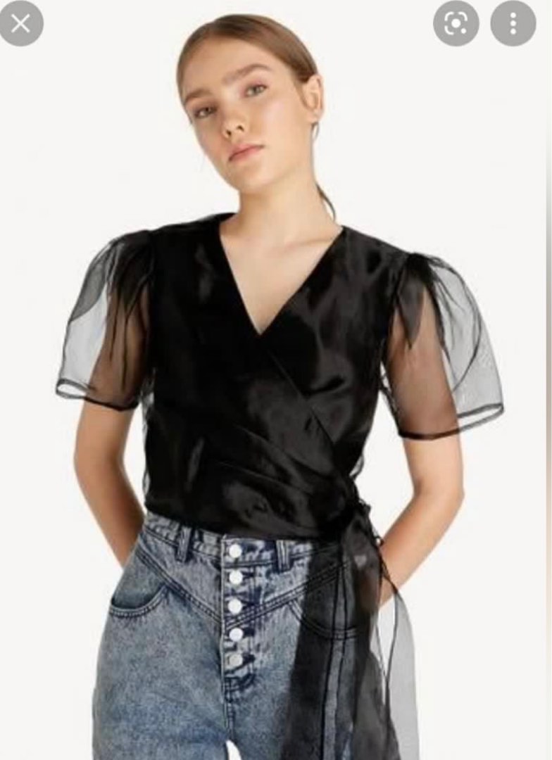 POMELO Black Sheer Puffed Sleeves , Women's Fashion, Tops, Blouses on