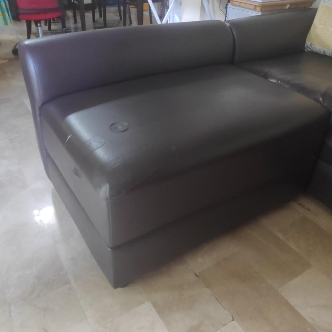 Sofa Set for Sale (Category: Sofas) located in Caloocan City. Submitted by moja25 (Listing ID 1184149283, Image 3). Description: L-shaped leather sofa for sale Foam and base are all intact, issues are on torn parts of the leather Just need upholstery to change the leather cover Buyer in charge of pickup or delivery.