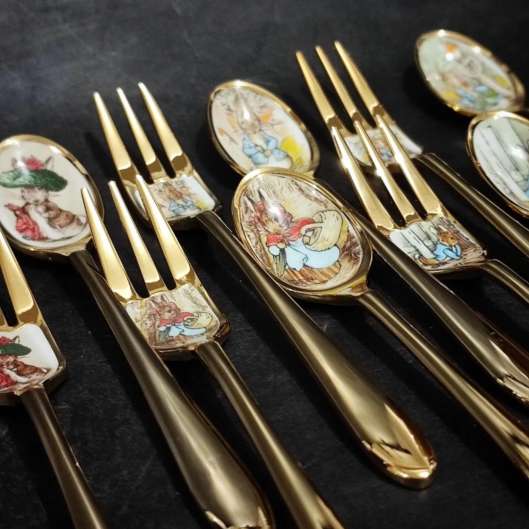 Peter Rabbit Spoon England The World of Peter Rabbit Golden Cloisonne Dessert Fork and Tea /Coffee ...