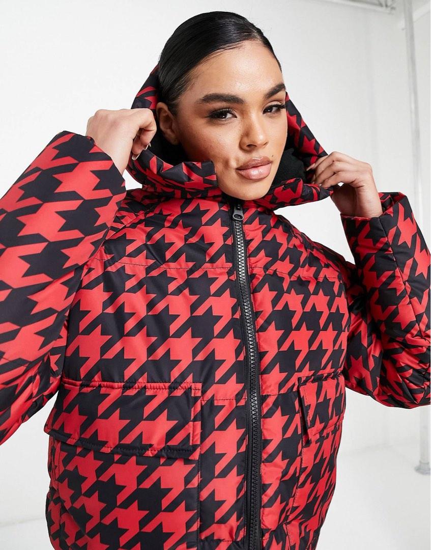 UK 6 Threadbare Puffer Jacket in Red Houndstooth Women s Fashion