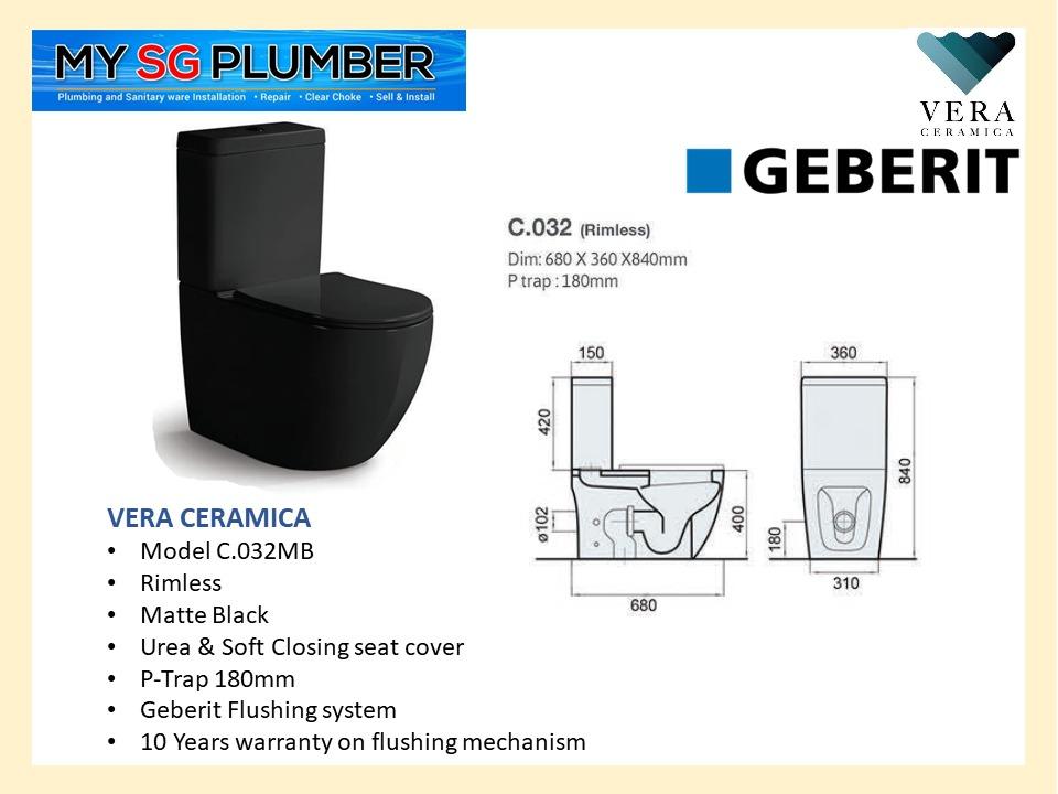 VERA CERAMICA BLACK / MATTE BLACK TOILET BOWL WASHDOWN , RIMLESS