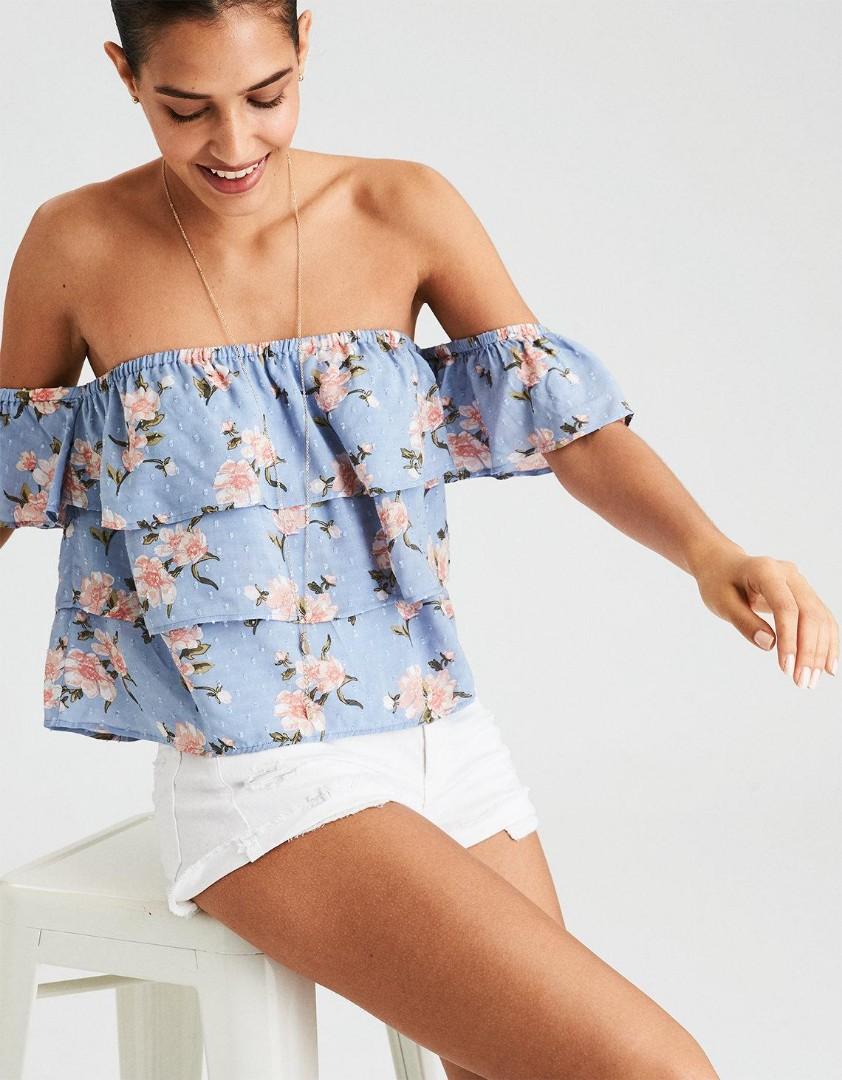 AEO American Eagle Outfitters Blue Floral Off Shoulder Top