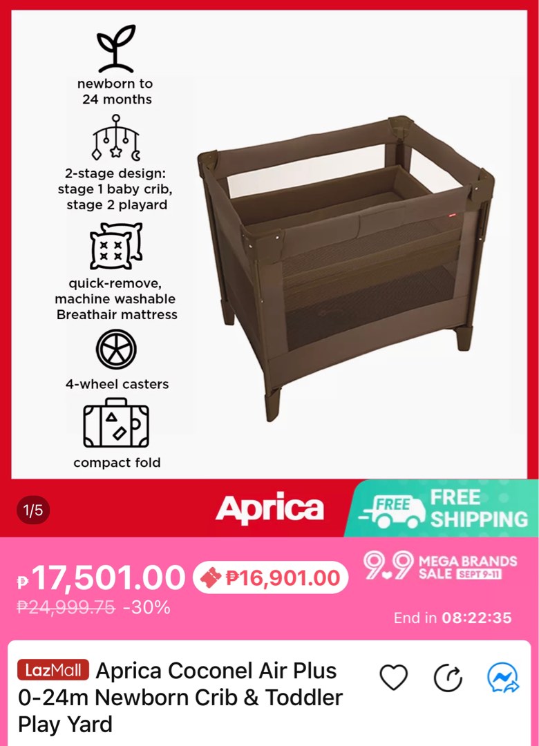 Aprica air plus crib, Babies & Kids, Baby Nursery & Kids