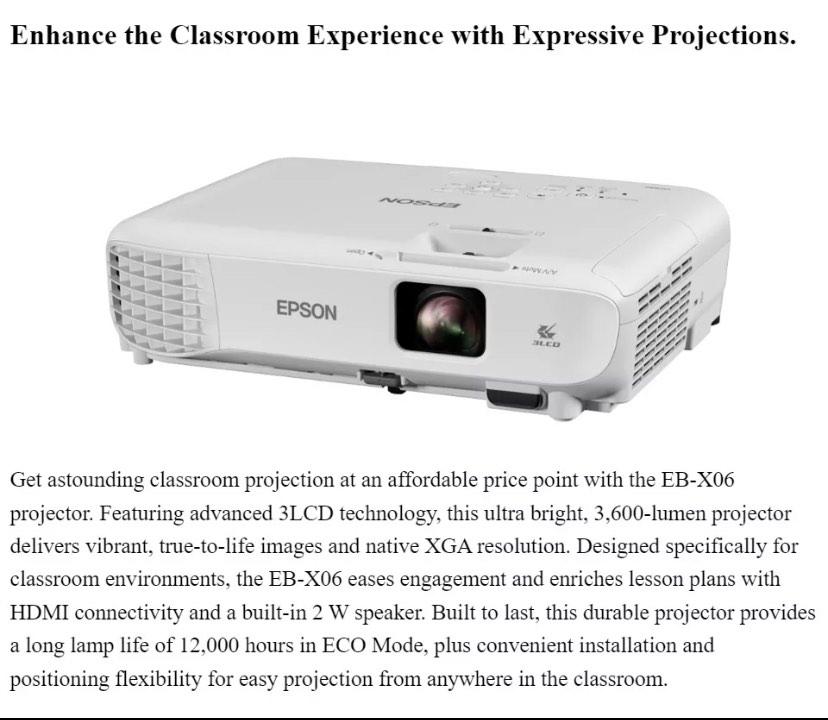 Epson EBX06 XGA 3LCD Projector Enhance the Classroom Experience with