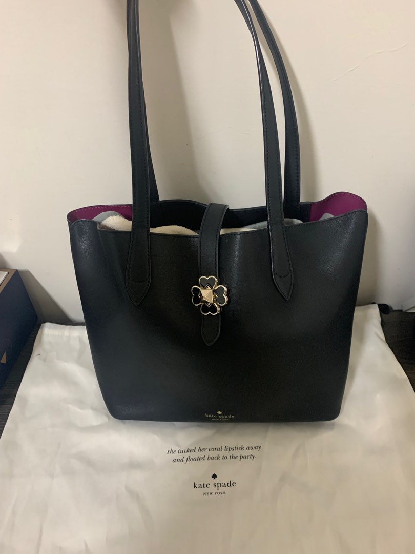 Kate Spade 純黑撞色幸運草鎖釦托特包, 名牌精品, 精品包與皮夾在旋轉拍賣