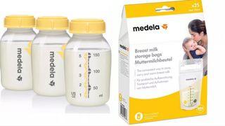 Medela bottles and breastmilk bag for breastfeeding mum
