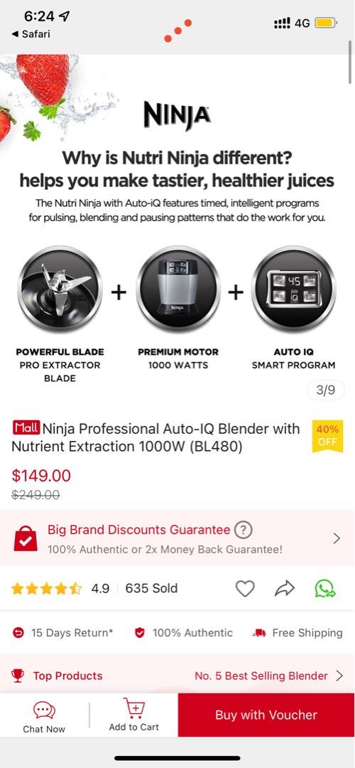 Ninja Professional AutoIQ Blender with Nutrient Extraction 1000W, TV