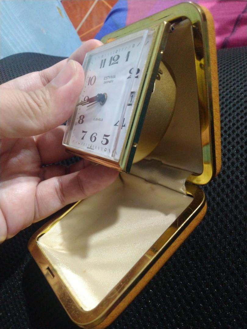 RARE Vintage Estyma Datomatic 2 Jewels Pocket Alarm Clock, Furniture
