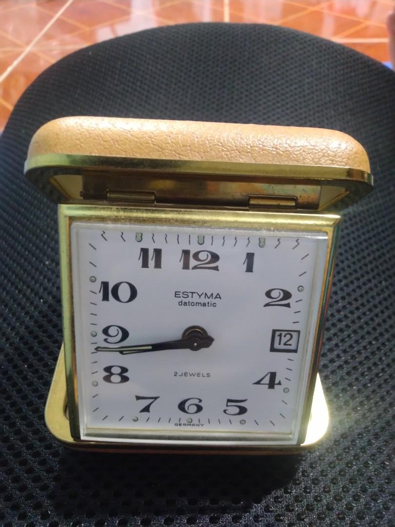 RARE Vintage Estyma Datomatic 2 Jewels Pocket Alarm Clock, Furniture