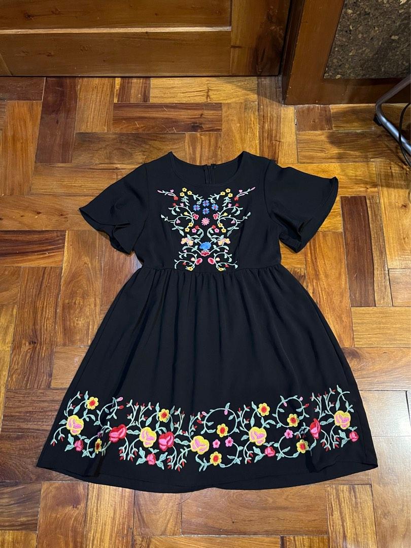 Shein black floral embroidered dress, Women's Fashion, Dresses & Sets,  Dresses on Carousell
