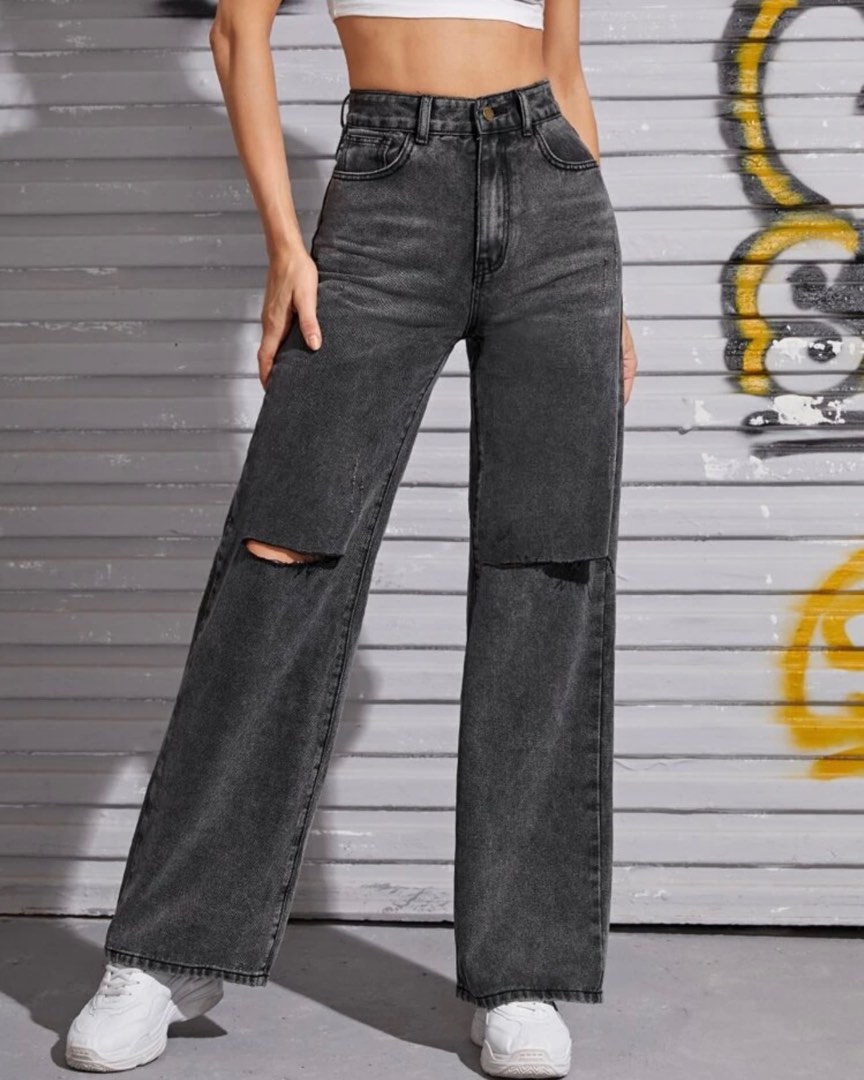SHEIN Dark Gray Ripped Wideleg Baggy Jeans, Women's Fashion, Bottoms ...