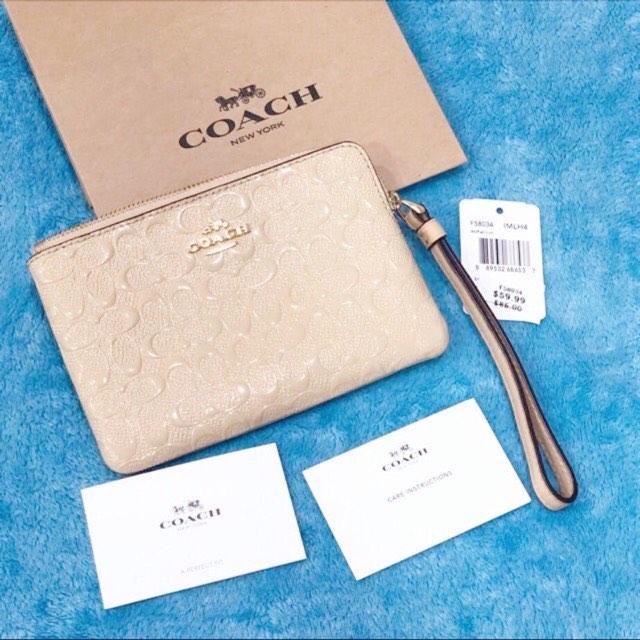 USA Coach F58034 F21070 F58032 Corner Zip Wristlet Signature Debossed Patent Crossgrain Leather