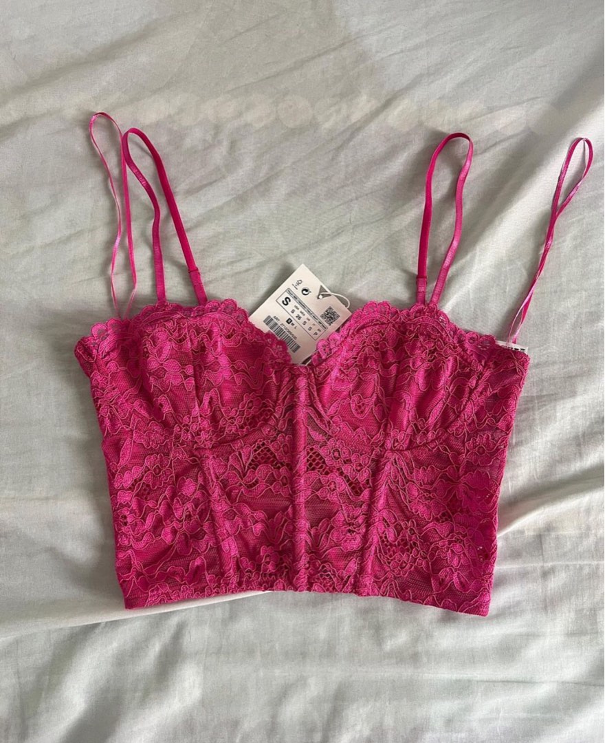 Zara Pink bustier lace boned corset, Women's Fashion, Tops, Blouses on  Carousell