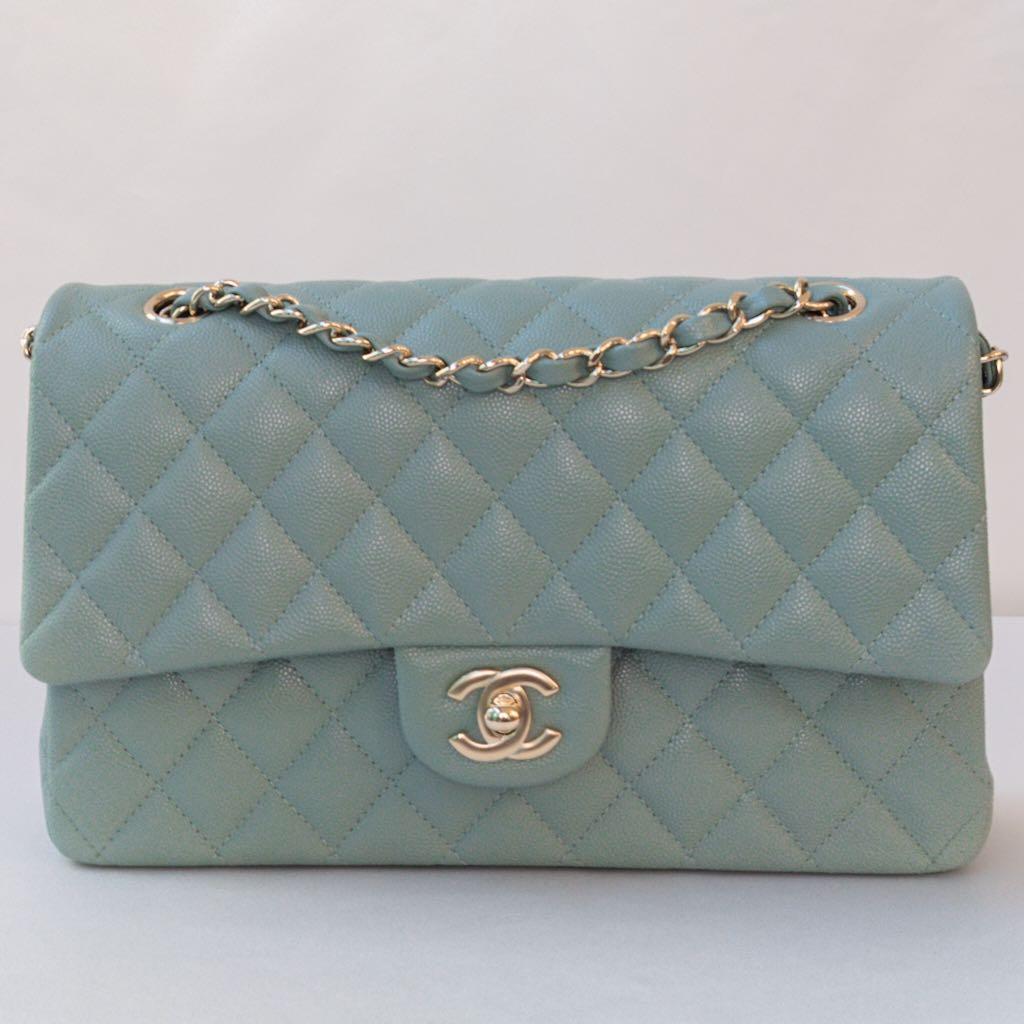 Chanel Classic flap medium 22C mint green caviar light gold hardware,  Luxury, Bags & Wallets on Carousell