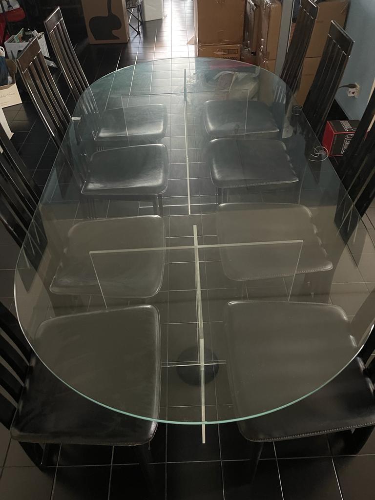 Designer Swiss made glass dining table with 8x chairs, Furniture & Home