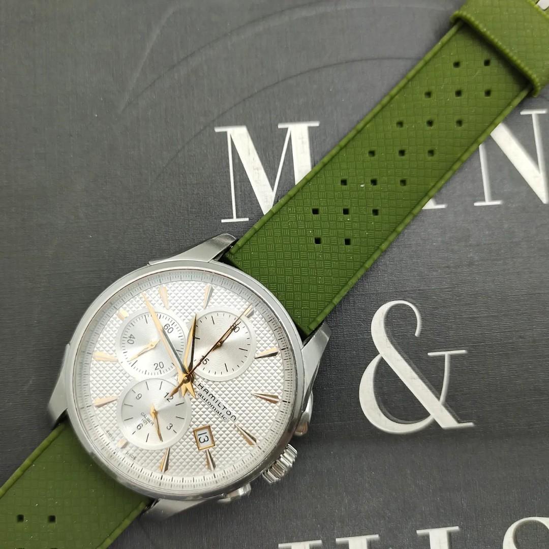 Hamilton Jazzmaster - Chronograph (Category: Men's Watches) located in Manila. Submitted by ab.authentic.collection (Listing ID 1184685727, Image 1). Description: Available for Sale Hamilton Jazzmaster - Chronograph - Ref. H325960 - 42mm in diameter - Automatic; keeps good time - All Steel Case with decent hairline scratches due to normal usage - aftermarket silicon bracelet (olive green) - 9/10 condition, almost mint - Travel leather pouch inclu