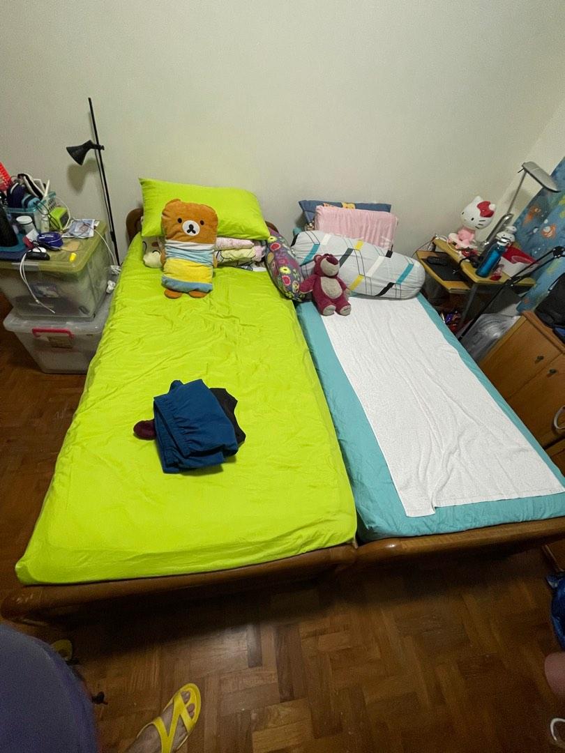 2 single bed frame and mattress, Furniture & Home Living, Furniture
