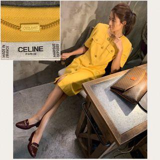 Celine Vintage Mustard Yellow Denim Dress/Coat with Triomphe buckle Gold Hardware 丹寧凱旋門金扣芥末黃連身裙/長外套