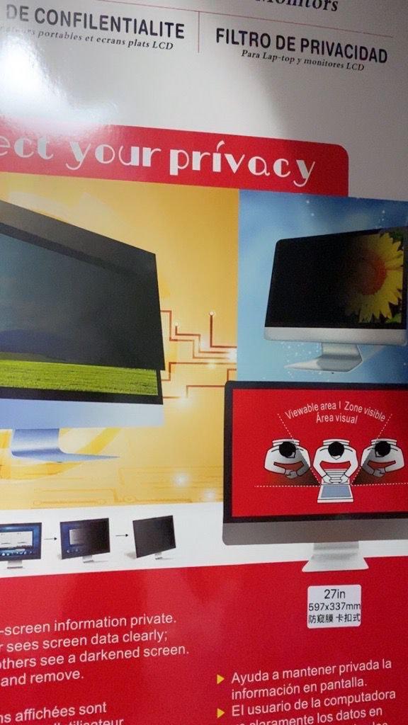 Computer Privacy Filter Screen Protector (Category: Monitor Screens) located in Singapore. Submitted by protein23 (Listing ID 1184863312, Image 3). Description: Description - Size: 27” (16:9) 597*337mm - Color: light black (variable parameter) - Material: Privacy protection film - Film sticker characteristics: Grit - Packing Included: 1X Privacy protection film 1X Clean cloth 1x removable stickers package —————Features————— - Effective privacy pr
