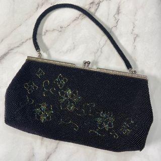 Fully beaded black evening party bag with floral design