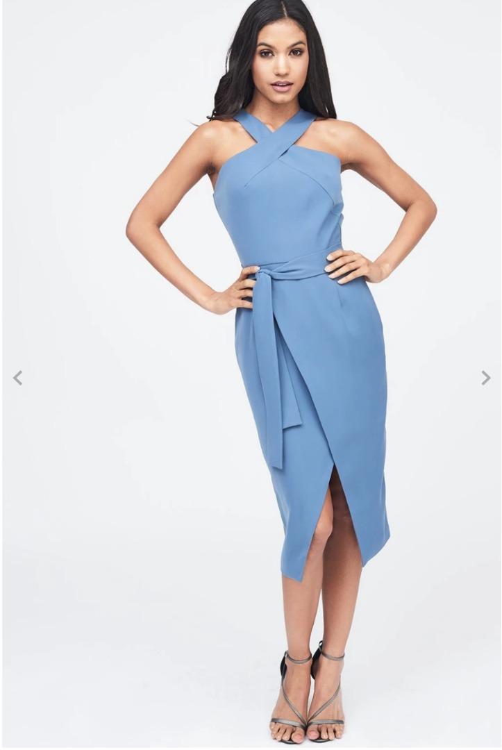 Lavish alice halter neck wrap front midi dress shop