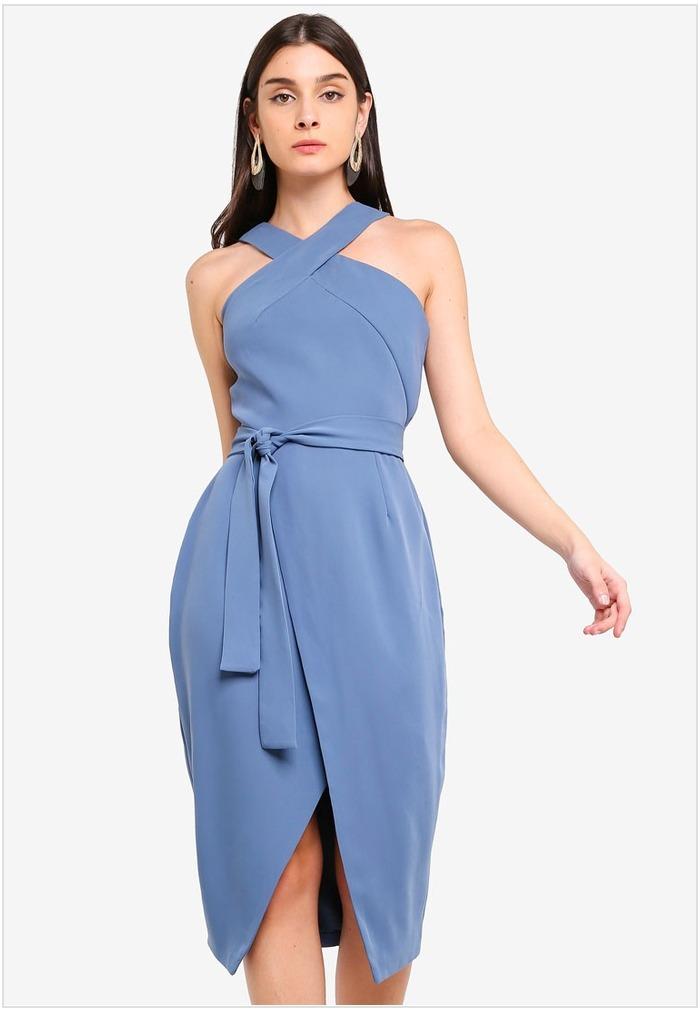 Lavish alice halter neck wrap front midi dress shop