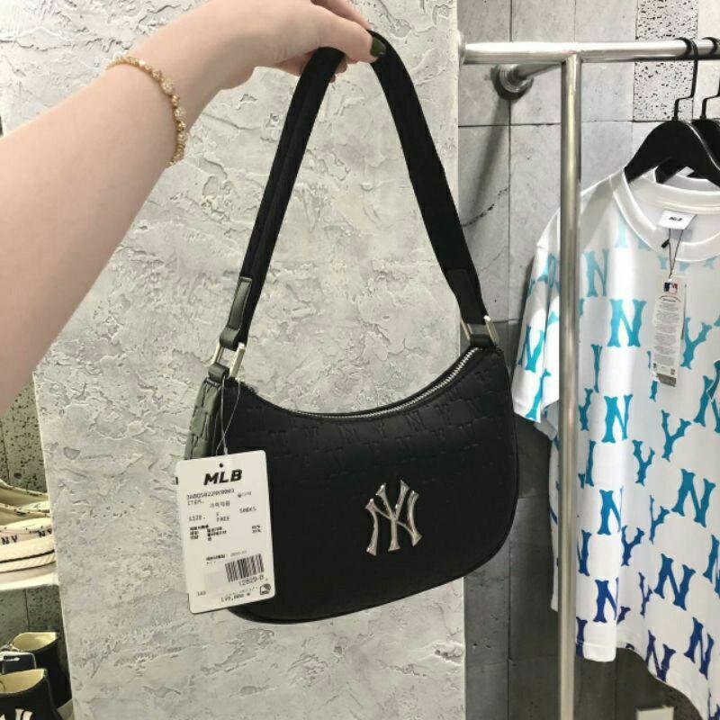 MLB Monogram Embo New York Yankees Hobo Bag Hand Bag NY Logo Shoulder Bag  Black