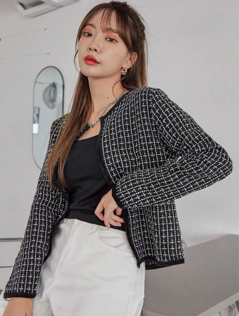Checkered Tweet Jacket Overcoat Women s Fashion Coats Jackets