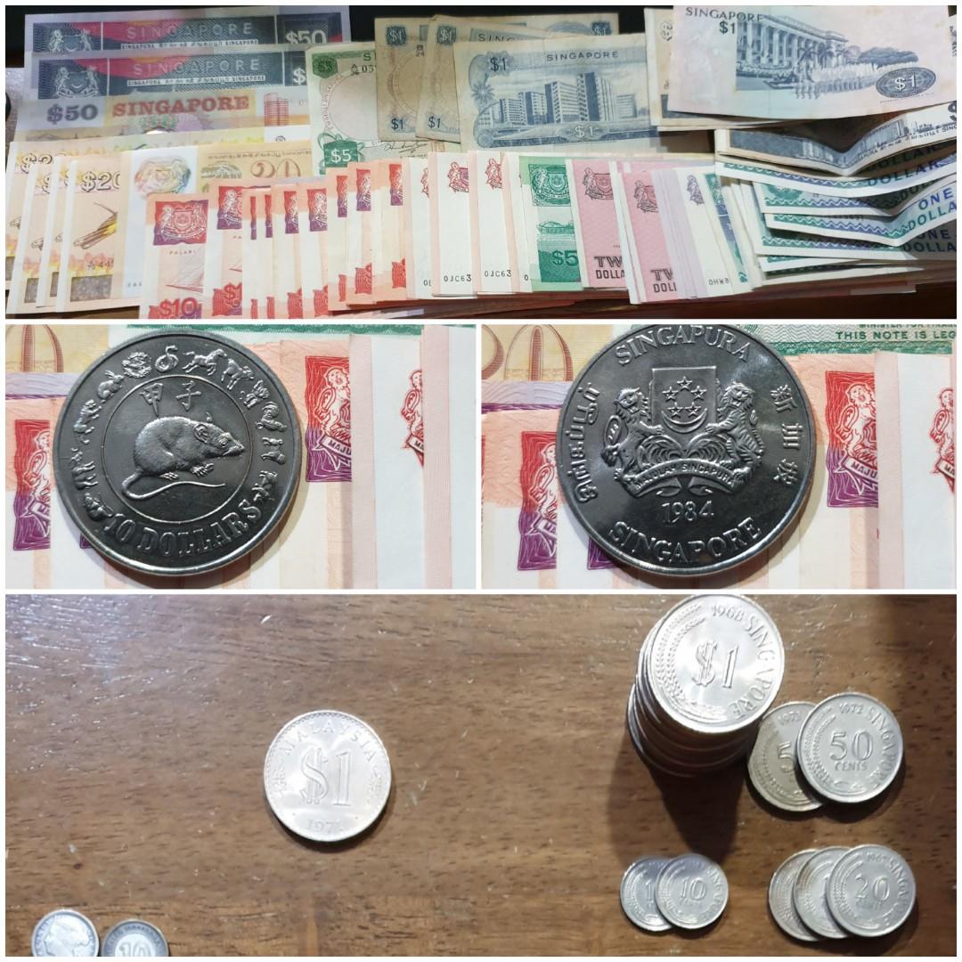 Vintage money Singapore notes and coins collection. Various series: orchids  flowers , birds, boats etc.. from Year