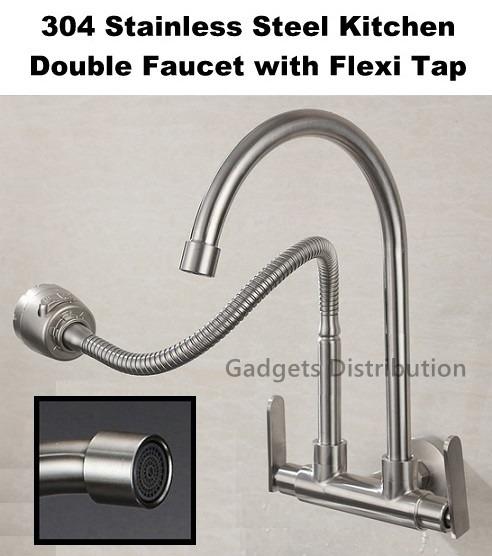 304 Stainless Steel Wall Mounted Double Faucet Flexible Water ...