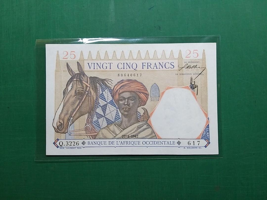 1942年{歐洲}法國法屬西非25法郎(獅子王)Q.3226版80640617近全新AU級, 興趣及遊戲, 收藏品及紀念品, 錢幣- Carousell