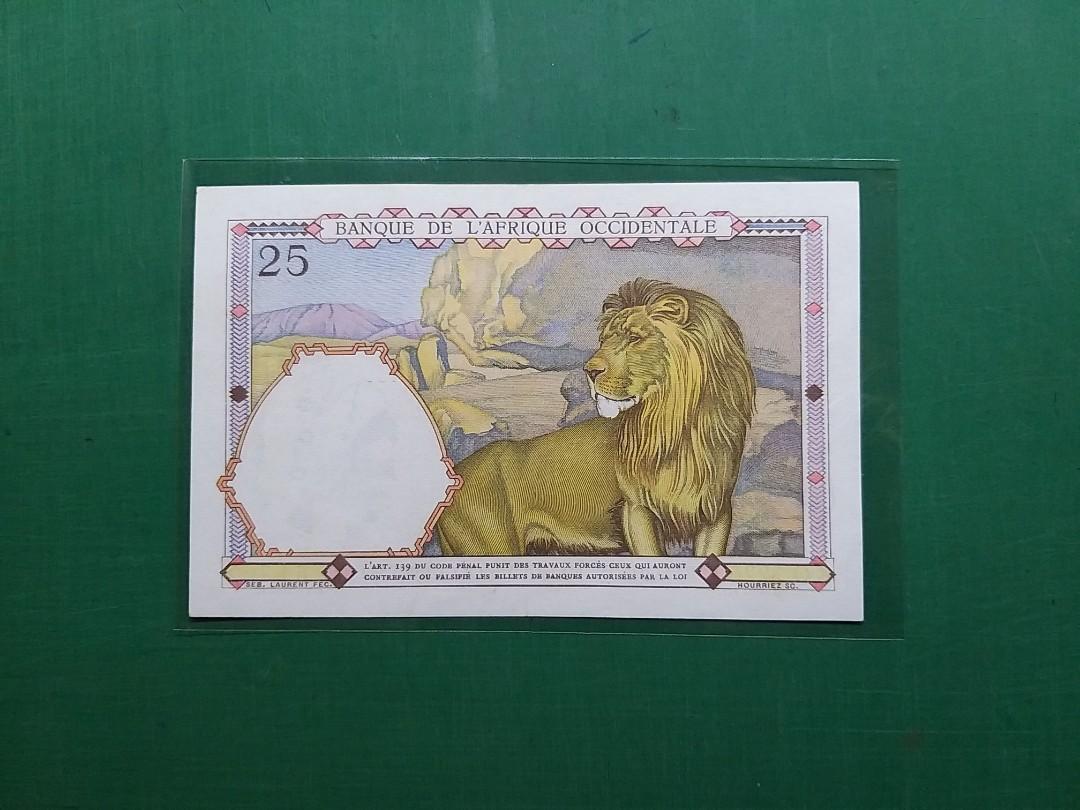 1942年{歐洲}法國法屬西非25法郎(獅子王)Q.3226版80640617近全新AU級, 興趣及遊戲, 收藏品及紀念品, 錢幣- Carousell