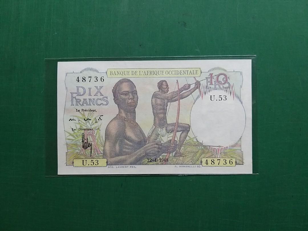 1948年{歐洲}法國法屬西非10法郎U.53版48736全新直版UNC級, 興趣及遊戲, 收藏品及紀念品, 錢幣- Carousell