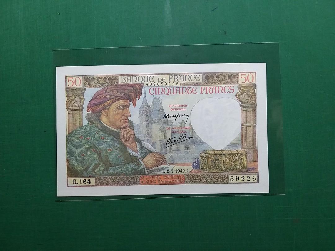 1942年{歐洲}法國50法郎Q.164版409059226全新直版UNC級, 興趣及遊戲, 收藏品及紀念品, 錢幣- Carousell