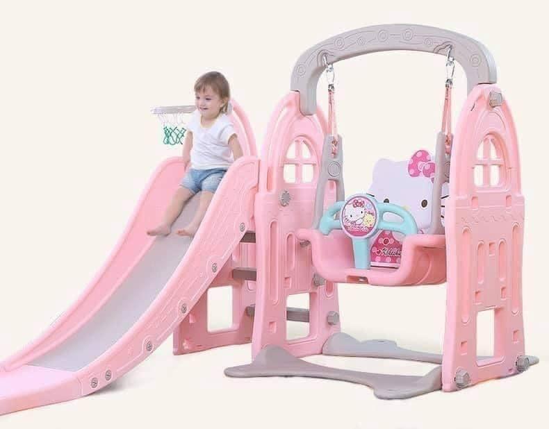 3 in 1 Hello Kitty Playground Swing, Slide and Basketball Hoops for