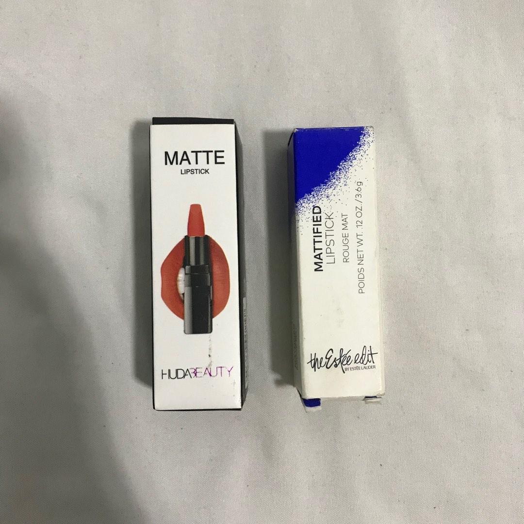 Estee Lauder Lipstick + Huda Beauty Lipstick (Category: Makeup) located in Pagbilao. Submitted by etcetera.co (Listing ID 1185061887, Image 2). Description: 2 sets of Matte Lipstick (1) The Estee Edit by Estee Lauder Mattified Lipstick in the shade "08 Wrapped" (2) Huda Beauty in Powder Pink.