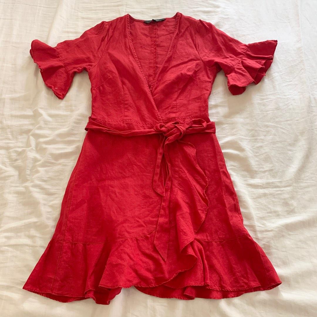 GLASSONS Red Bell Sleeves Wrap Dress, Women's Fashion, Dresses & Sets