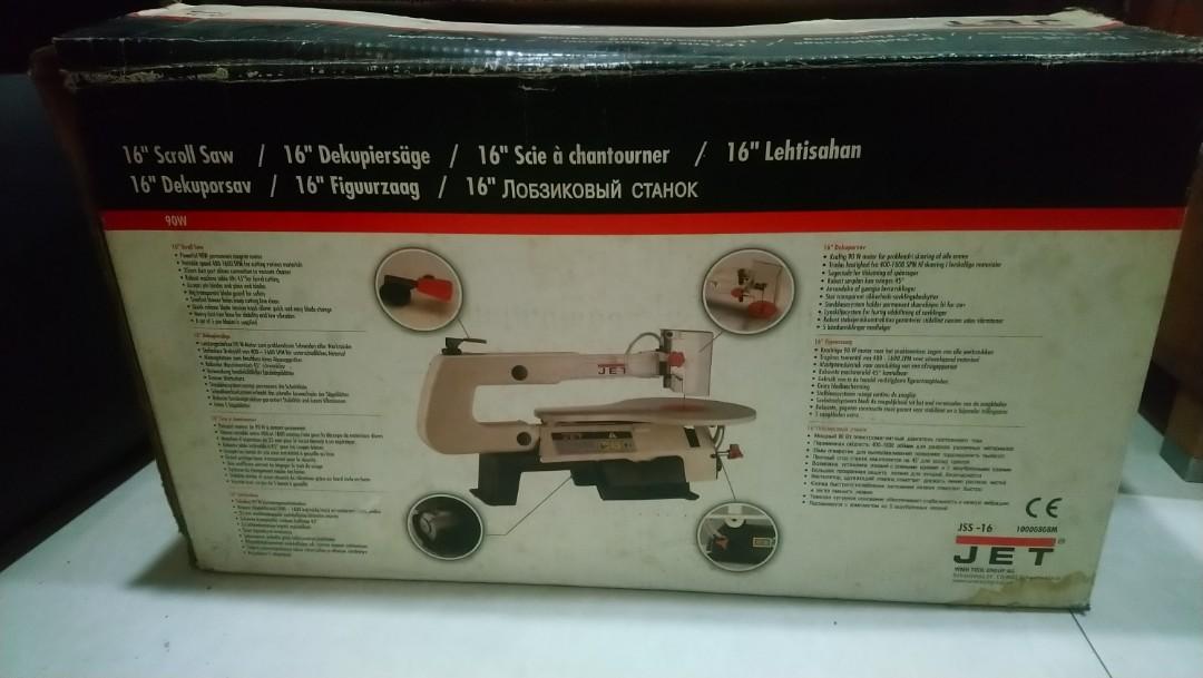 JET Scroll Saw 16 inch hardly used (Category: Construction Tools & Equipment) located in Manila. Submitted by breadcrumb3000 (Listing ID 1185025049, Image 1). Description: JET Scroll Saw 16 inch 90W Permanent Magnet Motor Variable speed 400-1600 spm 35mm dust port Table tilts 45 degrees Accepts pin blades and plain end blades Big transparent blade guard for safety Heavy cast iron base.