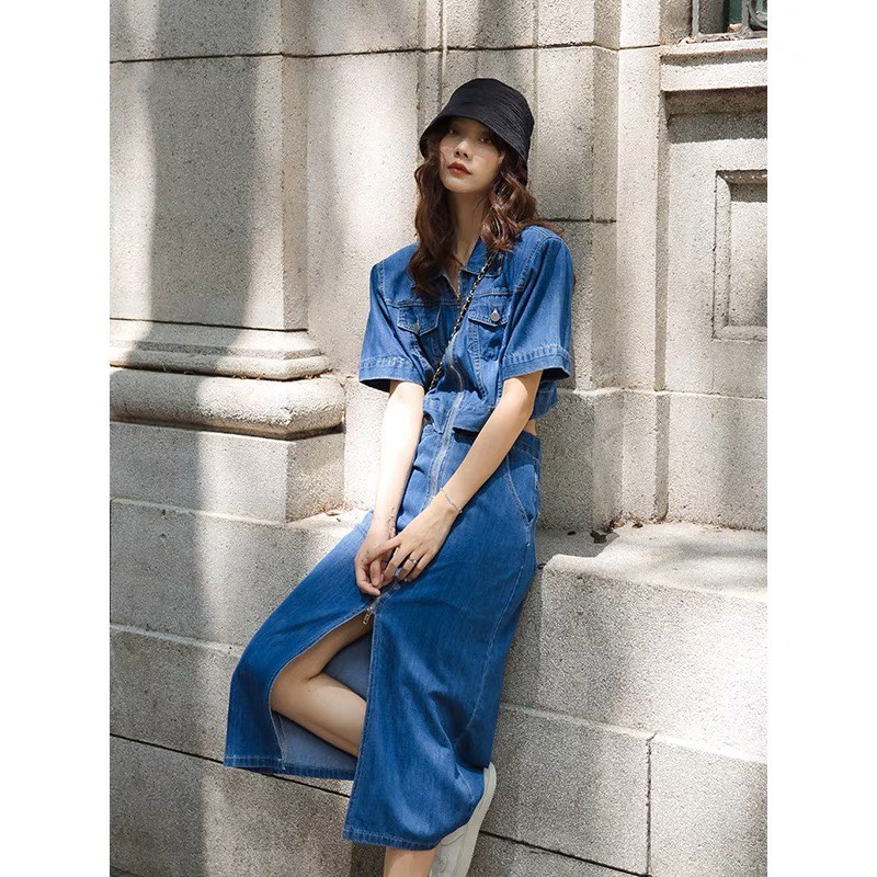 Kai Zip Denim Shirt Dress with Cutout Waist