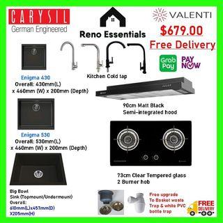 Kitchen sink Granite // Valenti Hood and hob // Carysil // Kitchen tap // faucet black