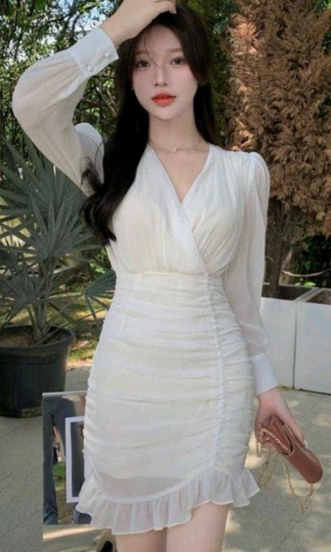 Korean V neck Dress fasion Puff long Sleeve White Women Chiffon Bodycon ...
