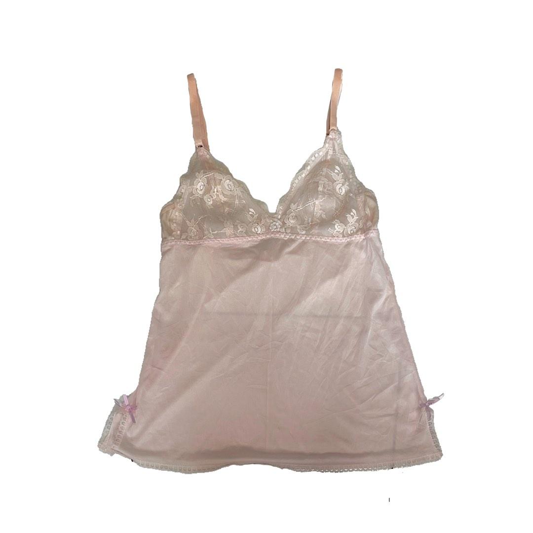 lace cami top lingerie slip ribbon pink beige neutral nude v neck coquette  vintage, Women's Fashion, Tops, Sleeveless on Carousell