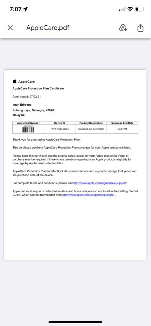 MacBook Air M1 Warranty Apple Jul 2024, Fullset with receipt, Computers